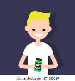 Young angry character holding a bottle with a poison sign / flat editable vector illustration, clip art