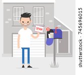 Young angry character holding an envelope marked as SPAM. Irritated millennial checking the mail box. Flat editable vector illustration, clip art.