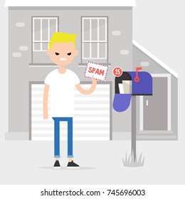 Young angry character holding an envelope marked as SPAM. Irritated millennial checking the mail box. Flat editable vector illustration, clip art.