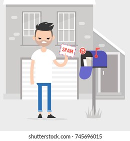 Young angry character holding an envelope marked as SPAM. Irritated millennial checking the mail box. Flat editable vector illustration, clip art.