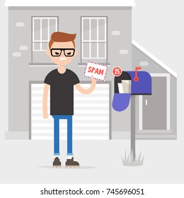 Young angry character holding an envelope marked as SPAM. Irritated millennial checking the mail box. Flat editable vector illustration, clip art.