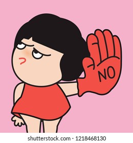 Young Angry Face Girl With Her Raising Hand In Red Glove To Say NO, Concept Against Drugs, Violence, Abuse or Others Card Character illustration