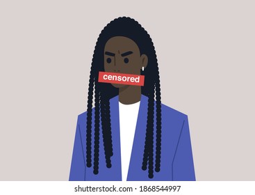 Young angry female Black character expressing their emotions with swearwords, insulting words concept