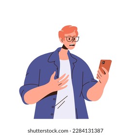 Young angry furious man character screaming and shouting while looking at mobile phone screen