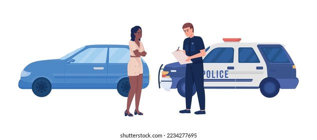 Young angry lady pulled over by police officer semi flat color vector characters. Editable figures. Full body people on white. Simple cartoon style illustration for web graphic design and animation