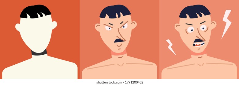 La cara de un joven enojado. Avatar. Ilustración plana vectorial. Caricatura.