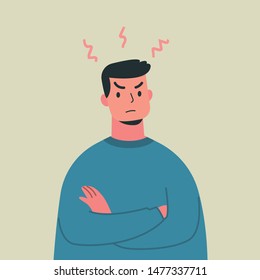 Young angry man, mad expression, Vector illustration.