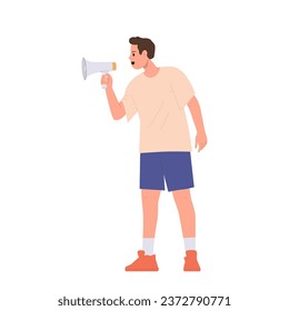 Young angry man protester student or freelancer remote employee cartoon character with megaphone