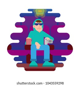 Young angry man thief in sunglasses and hoodie sit in cinema movie session and try illegal to video record on the video camera film. He make pirate video. Modern vector style flat design illustration 