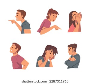 Young Angry Man and Woman Character Bullying and Abusing Someone Vector Set