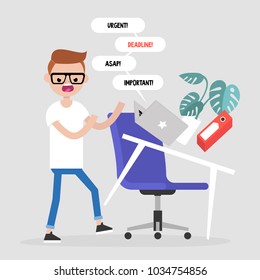 Young angry manager flipping a desk. Stress at the workplace. Flat editable vector illustration, clip art