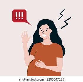 Young Angry pregnant woman in bad mood portrait. Emotional mother complaining. Hormone change, motherhood, pregnancy, lifestyle, Mental Health concepts. Flat people vector design illustration.