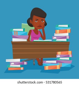 Young angry student studying with textbooks. An african-american annoyed student studying hard before the exam. Bored student studying in the library. Vector flat design illustration. Square layout