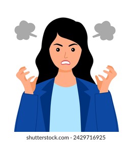 Young angry woman character in flat design on white background. Negative Emotion. Bad Mood.