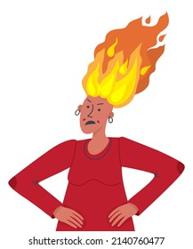 Young Angry Woman With Fire On Her Head. Furious Girl. Negative Emotions. Bad Mood.