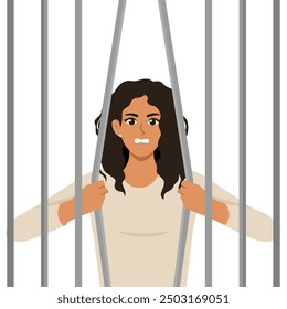 Young angry woman prisoner breaks bars wanting to be released from captivity. Flat Vector Illustration Isolated on White Background