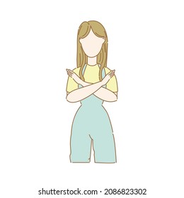 Young angry woman shows a crossing hand on chest concept. Cool female shows stop, reject, restricted gesture concept. Isolated cartoon vector illustration on white background