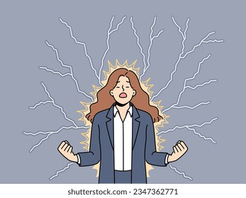 Young angry woman stands among lightning bolts and is nervous about problems affecting profit of company. Angry businesswoman closes eyes and clenches fists feeling hatred and annoyance