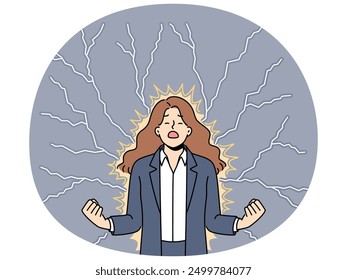 Young angry woman stands among lightning bolts and is nervous about problems affecting profit of company. Angry businesswoman closes eyes and clenches fists feeling hatred and annoyance