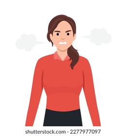Young angry woman with steam blowing from ears. Flat vector illustration isolated on white background