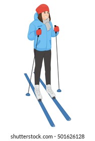 The young animation girl costs on skis. Winter sport. Vector illustration