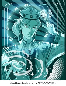 Young anime mage, wizard. The young man conjures. Vector image in manga and anime style.