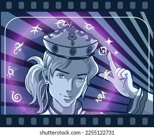 Young anime mage, wizard. The young man conjures. Vector image in manga and anime style.