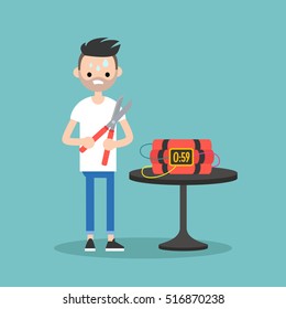 Young anxious bearded guy trying to defuse the bomb / flat editable vector illustration, clip art