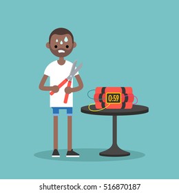 Young anxious black man trying to defuse the bomb / flat editable vector illustration, clip art