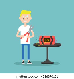 Young anxious blond boy trying to defuse the bomb / flat editable vector illustration, clip art
