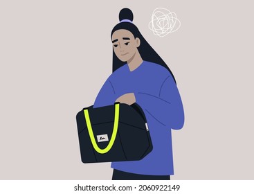 Young anxious female Asian character looking for keys or money in their bag, a daily routine scene