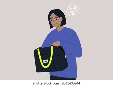 Young  anxious female character looking for keys or money in their bag, a daily routine scene