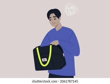 Young anxious male Asian character looking for keys or money in their bag, a daily routine scene