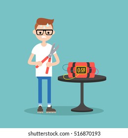 Young anxious nerd trying to defuse the bomb / flat editable vector illustration, clip art