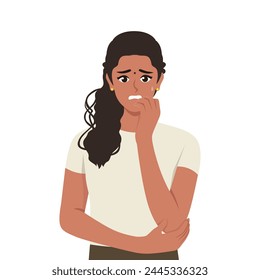 Young anxious worried woman girl teenager character looking stressed and nervous with hands on mouth. Flat Vector Illustration isolated on White Background