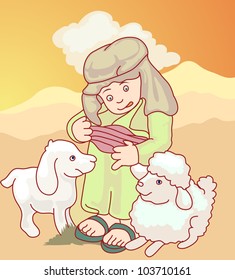 young arab boy playing with his sheep