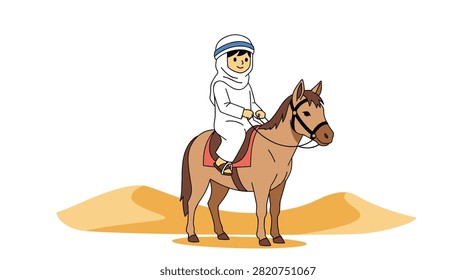 Young arab boy wearing traditional white thobe and kaffiyeh riding a brown horse in the middle of desert dunes.