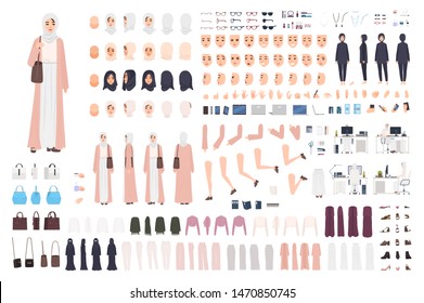 Young Arab business woman constructor set or creation kit. Bundle of female office worker body parts, emotions, traditional clothes isolated on white background. Flat cartoon vector illustration.