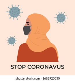 Young arab girl in black protective face mask. Coronavirus, covid-19.  Blue virus on yellow background. Hand drawn vector illustration, isolated