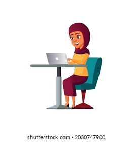 young arab girl chatting with friends in internet cafe cartoon vector. young arab girl chatting with friends in internet cafe character. isolated flat cartoon illustration