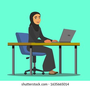 Young arab girl sitting in comfortable armchair at the table with laptop. Muslim business woman wearing hijab working at home or in office. Colored vector illustration in flat cartoon style.