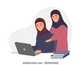 A young Arab girl is sitting at a table with a laptop. A Muslim business woman, a student in a hijab, working at home or in the office. The concept of women's equality, tolerance, and feminism. Vector