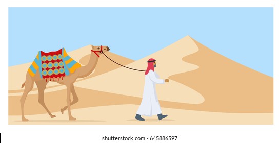 young arab guy walking his camel trough desert