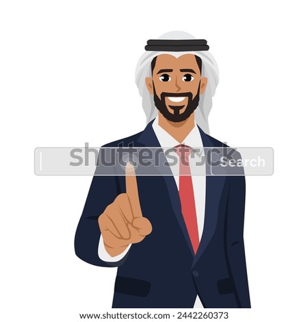 Young arab man point at search line for online browsing. Man use searching bar on internet surfing. Flat vector illustration isolated on white background