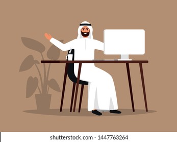 Young Arab man sitting at the table using the computer. Happy Muslim employee wearing white clothes working at home or office. Color vector illustration in flat cartoon style.