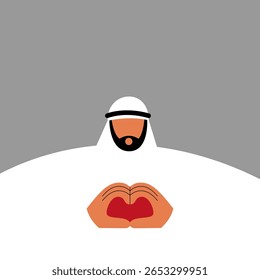 Young Arab man in traditional Muslim close making LOVE HEART sign.  Flat vector illustration isolated on white background.