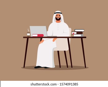 Young Arab man using laptop and sitting at the table. Happy Muslim employee wearing white clothes working at home or office. Color vector illustration in flat cartoon style.