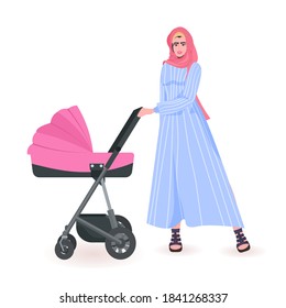 young arab mother walking with newborn baby in stroller motherhood concept full length vector illustration