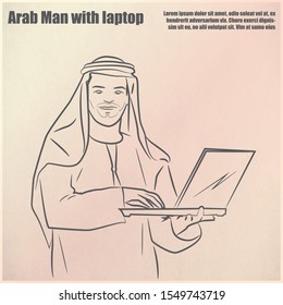Young Arab muslim businessmen with laptop vector outline drawing. Arab middle east cloth shmagh, kandura, thawb, robe. Line draw design illustration.