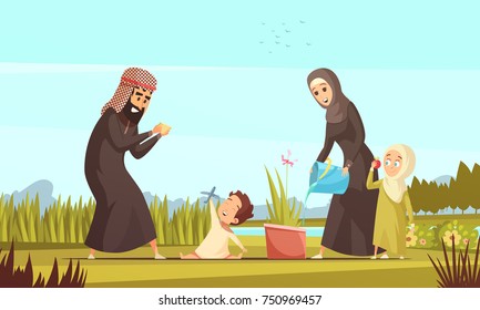 Young arab muslim family in traditional clothing with two children outdoor playing and watering plant cartoon vector illustration 